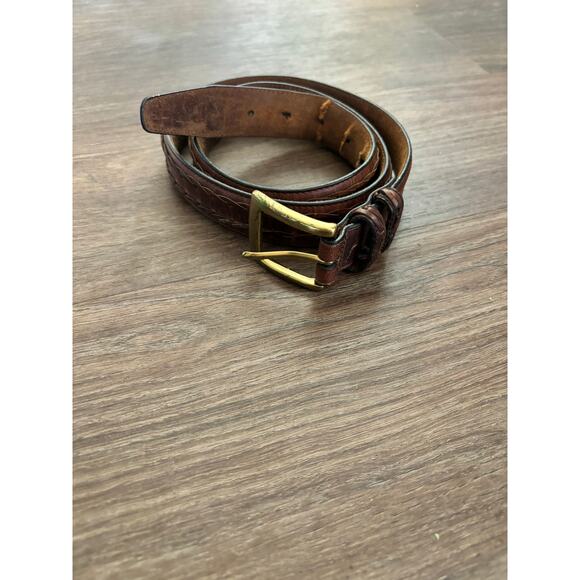 Vintage 1970s Men's Brown Leather Belt Braided Leather Detail Gold toned Buckle - Picture 2 of 11